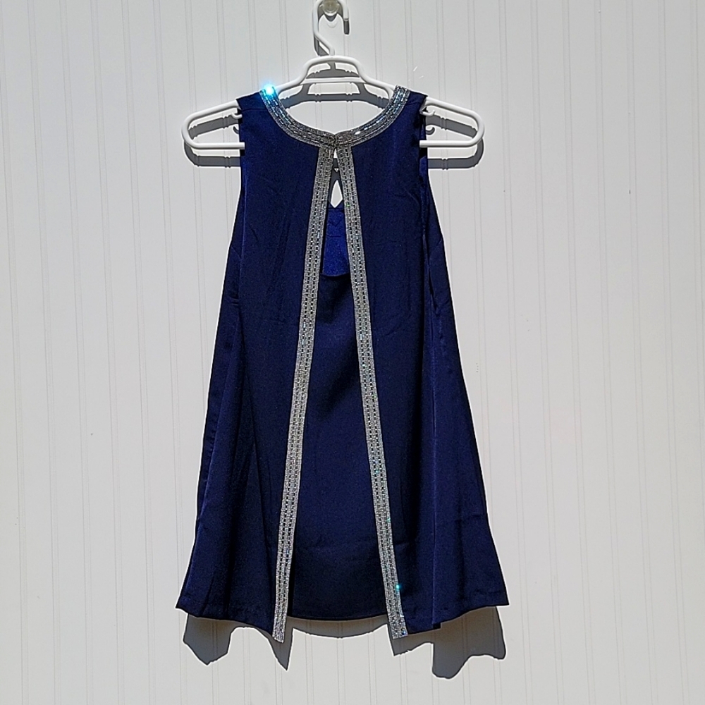 Navy Blue Cocktail Dress Siliver Rinestone Vneck Ark Co Size M - Picture 4 of 10